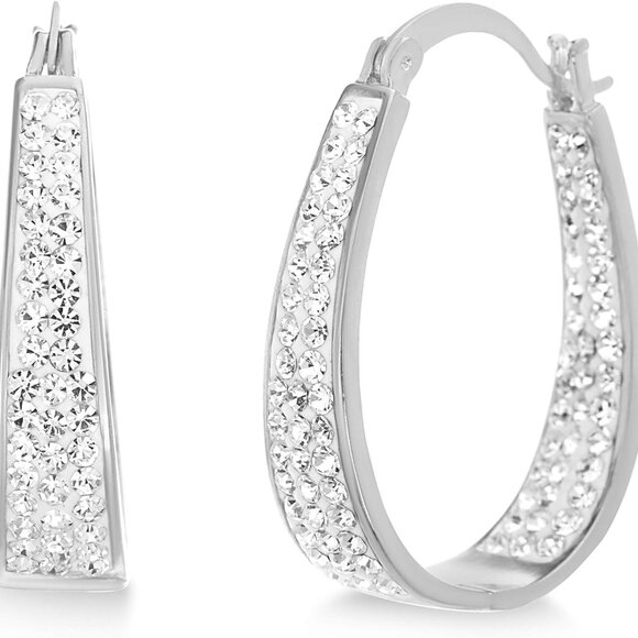Oval Inside Outside Hoop Earrings for Women Faceted Sparkle Crystals - Picture 1 of 7